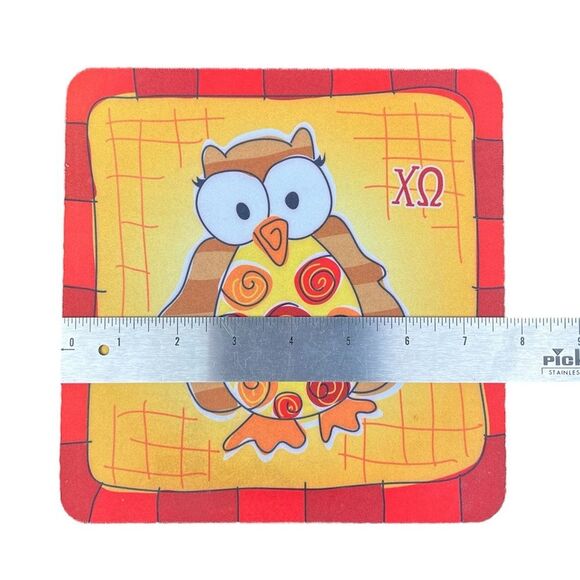 Vintage Chi Omega Sorority XΩ Owl Mascot Cardinal Red Straw Yellow Mousepad - Picture 3 of 4